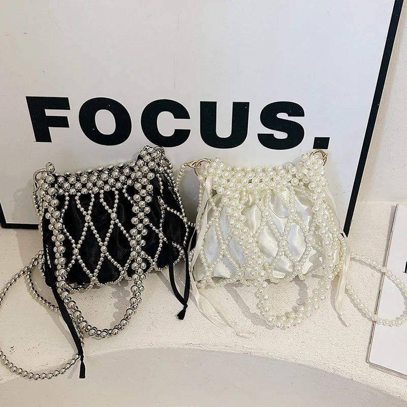 Sweet Girls Fashionable Handmade Pearl Beaded Bag French Style Hollow Out Evening Bag Elegant Single Shoulder Bag Sac A Main