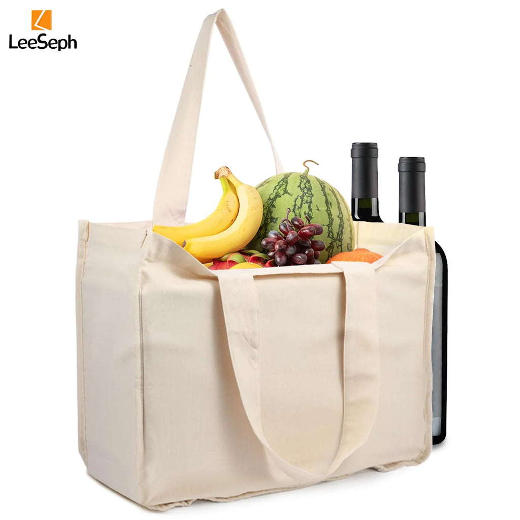 Canvas Grocery Bag, Grocery Tote Bag with 6 inner Pockets, Washable Foldable Reusable Canvas Shopping Bags, Beach Picnic Bags