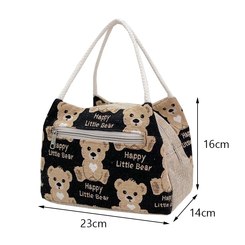 Fashion Cartoon Bear Female Lunch Bag Bag Large Capacity Handheld Picnic Drinks Lunchbox Bag Portable Outdoor Office Food Bag
