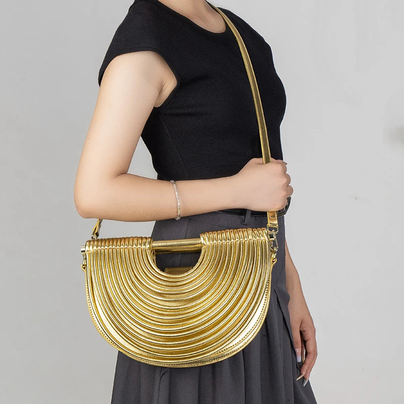Handbags for Women 2025 New Gold Luxury Designer Brand Handwoven Noodle Bags Half Round Pulled Hobo Silver Evening Clutch Chic