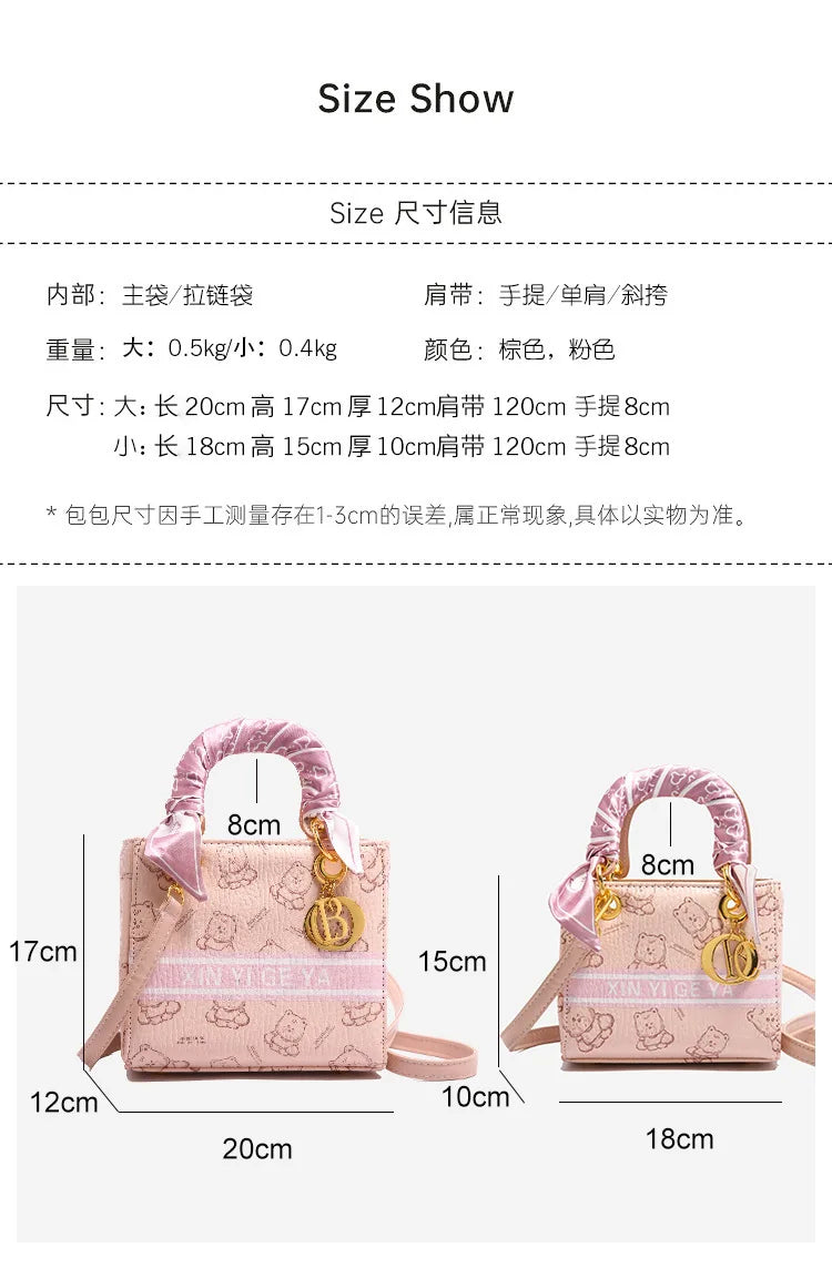 Luxury Bear Print Tote Bag for Women 2025, French Inspired Bucket Shoulder Purse, High Quality PU Leather Crossbody Bag