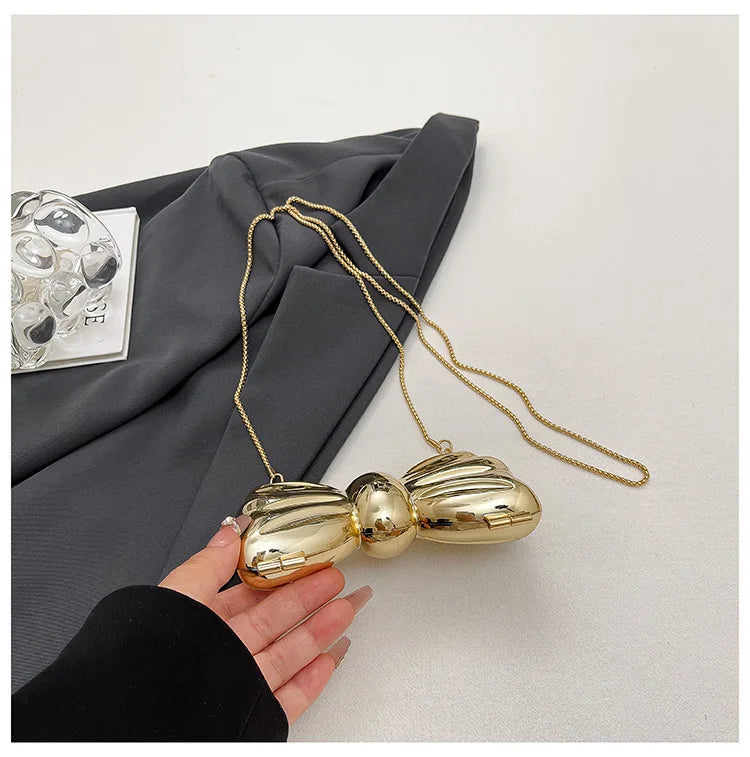 Luxury Fashion Metal Mini Handbag with Bow Clasp Playful Acrylic Bow Design with Shimmering European-Style Chain Crossbody Bag