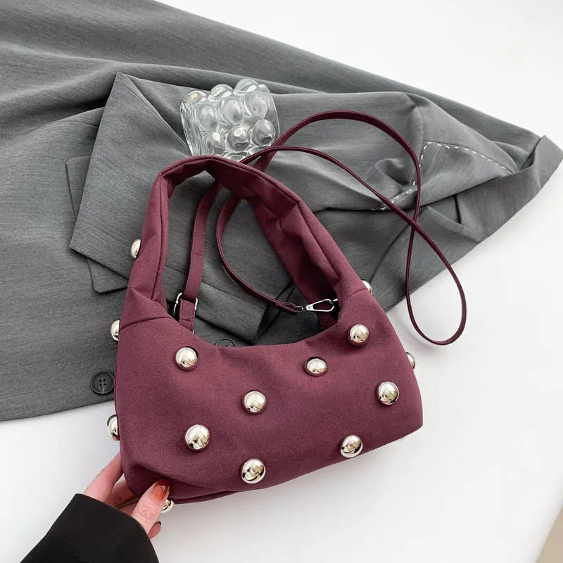 Luxury Purple Handbag For Women Luxury Studded Beading Handbags Wine Red Purse Solid Color Suede Leather Shoulder Crossbody Bags