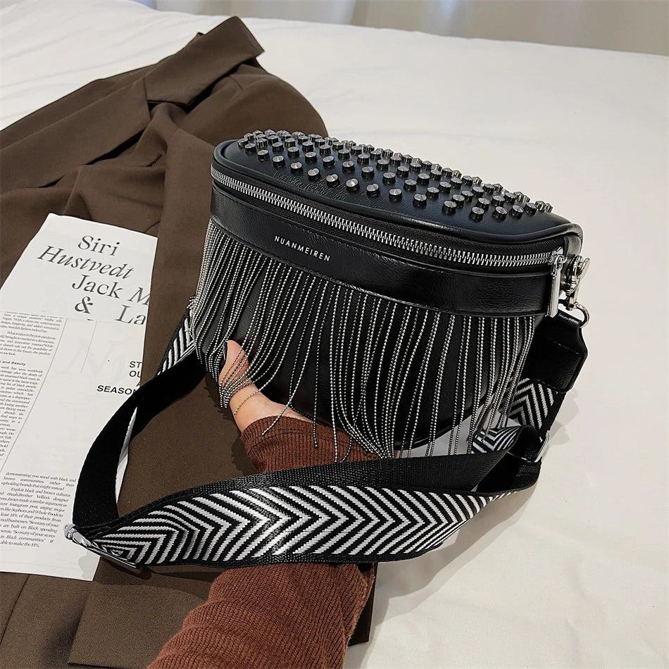 Luxury Woman Chest Bag Fashion Tassel Leather Large Capacity Crossbody Sling Bag Women Waist Bag Casual Rivet Design Travel Sac