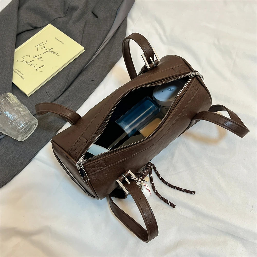 Multifunctional Cylinder Shaped Shoulder Bags For Women 2024 Winter Latest Designer Handbags Luxury Cross Body Bag With Pendant