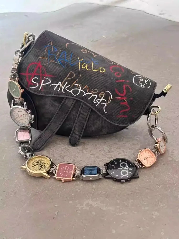 Designer Luxury Saddle Bag Women 2025 New In Fashion Chic Metal Watch Strap Shoulder Bag Trend Graffiti Novelty Female Bags