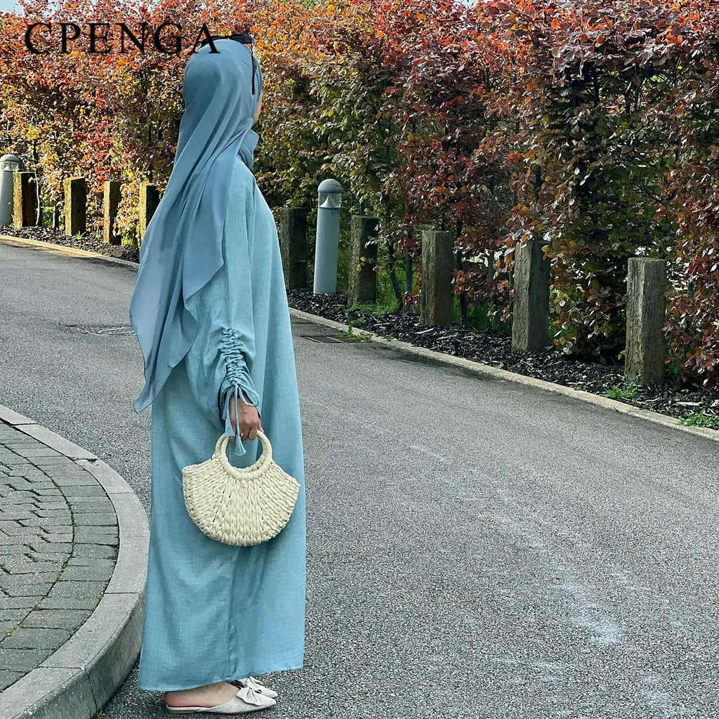 2024 Saudi Arabia Muslim Women Modest Dress Eid Dubai Plain Abaya Islamic Holiday Party Solid Turkey Lace-up Cuffs Long Clothes