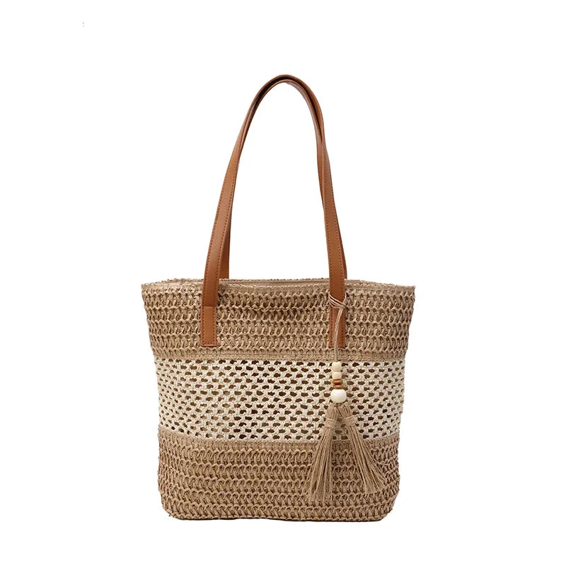 Color-blocked Linen Knitting Fashion Shoulder Bag Hollow Large Capacity Zipper Casual Tote Hot Sale Bags for Women Bolsa Mujer