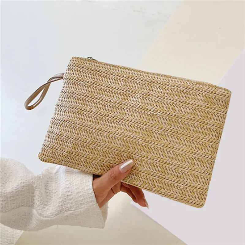 Women Clutch Bag Handmade Backpack Fashion Ladies Wristlet Girl Phone Solid Straw Woven Coin Purse Beach Wallet Fresh Sweet