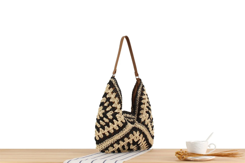 Summer Bohemian Braided Handbag Casual Tote Hollow Straw Beach Bag Woven Shoulder Bag Raffia Rattan Shopping Travel Bag