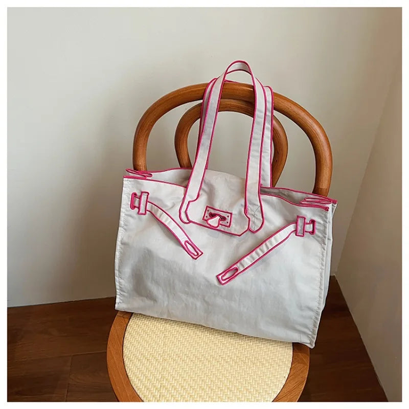 Funny Design Large Capacity Tote Bags 2025 New Casual Lightweight Nylon Shoulder Bag Versatile Canvas Bag Women Shopping Handbag