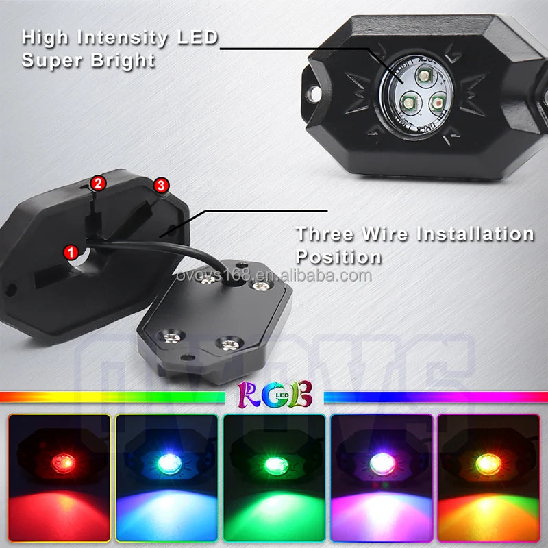 RGB LED Rock Lights Kit 4 Pods Underglow Multicolor Neon Light Pod With Blue Tooth App Control For Truck ATV UTV RZR SUV