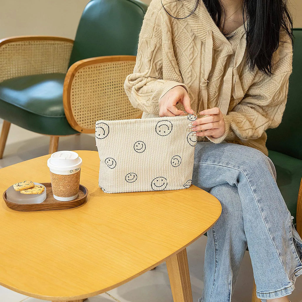 Makeup Bag For Women - Corduroy Cosmetic Bags Aesthetic Design Ladies Tote Bag, Cute Smiley Face Makeup Organizer with Zipper