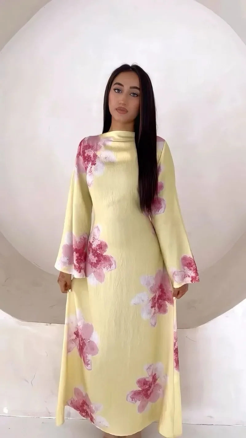 Elegant Floral Print Abaya Dress for Muslim Women Modest Full-Length Ankle-Grazing Maxi Robe 2025 Summer Islamic Turkey Outfit