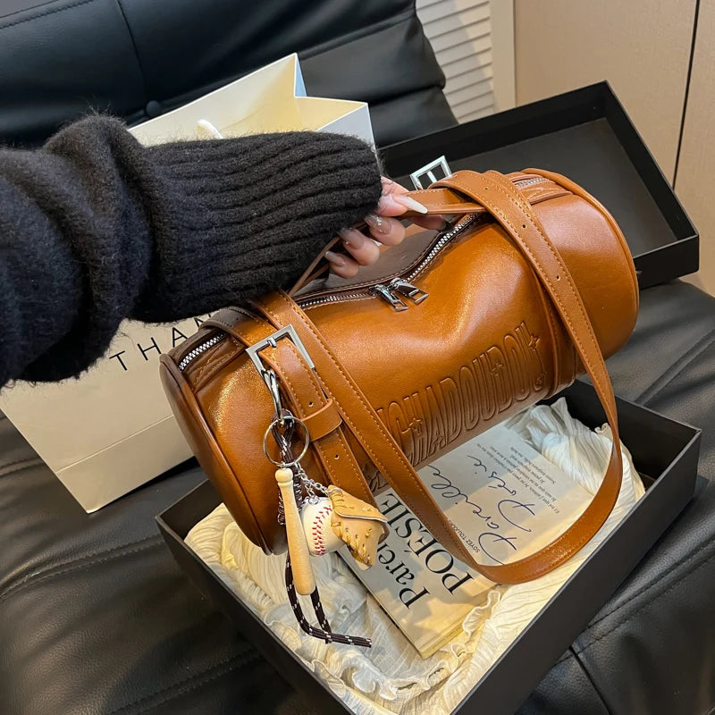 Multifunctional Cylinder Shaped Shoulder Bags For Women 2024 Winter Latest Designer Handbags Luxury Cross Body Bag With Pendant