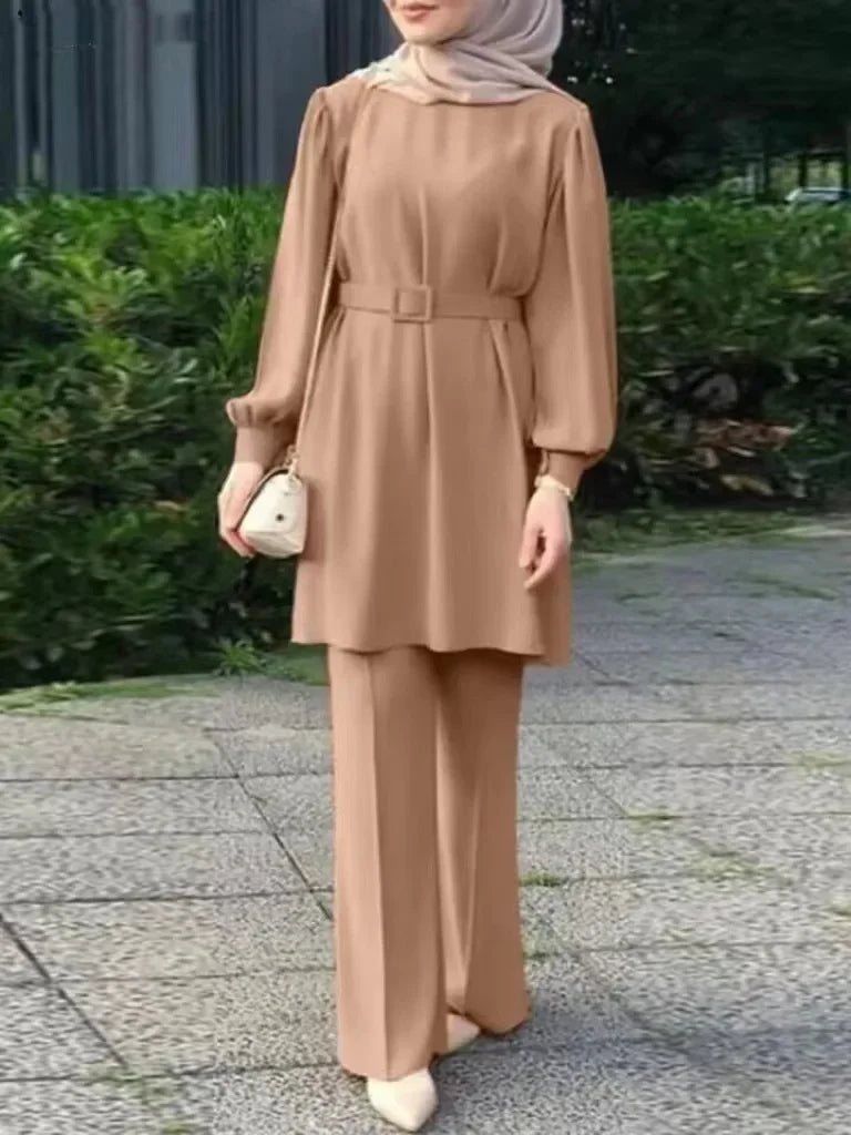 Muslim Women Matching Sets Long Sleeve Solid Color Tops with Belt And Loose Pant Suits Elegant Fashion Casual Tracksuit Kaftan