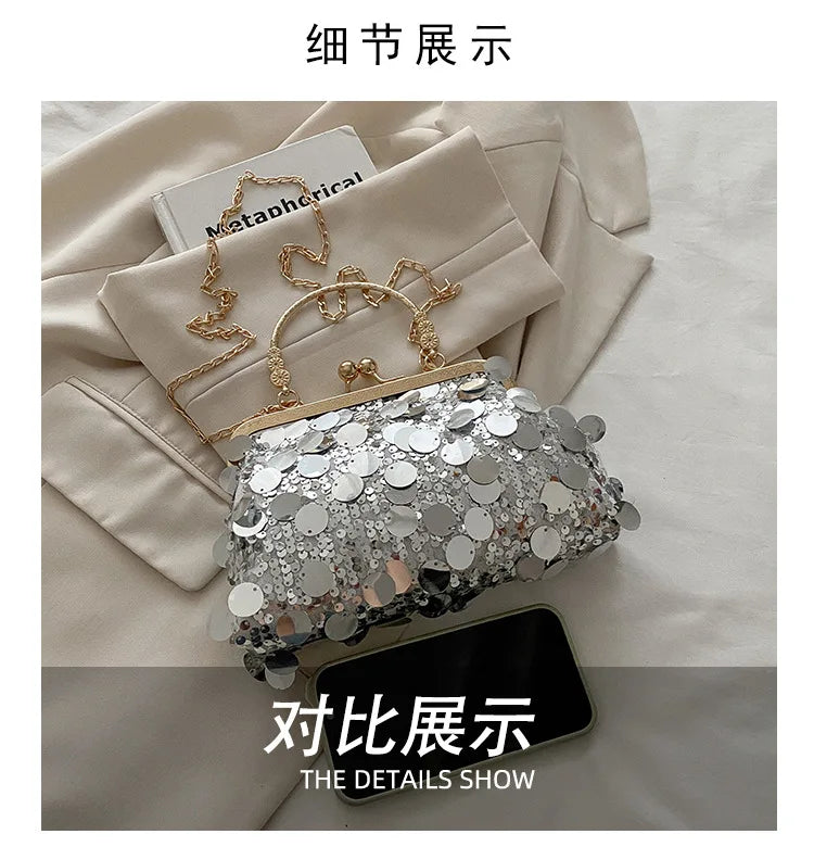Elegant Sequined Evening Shoulder Bags for Women Solid Color Ladies Clip Chain Crossbody Bag Casual Female Shell Handbags Purse