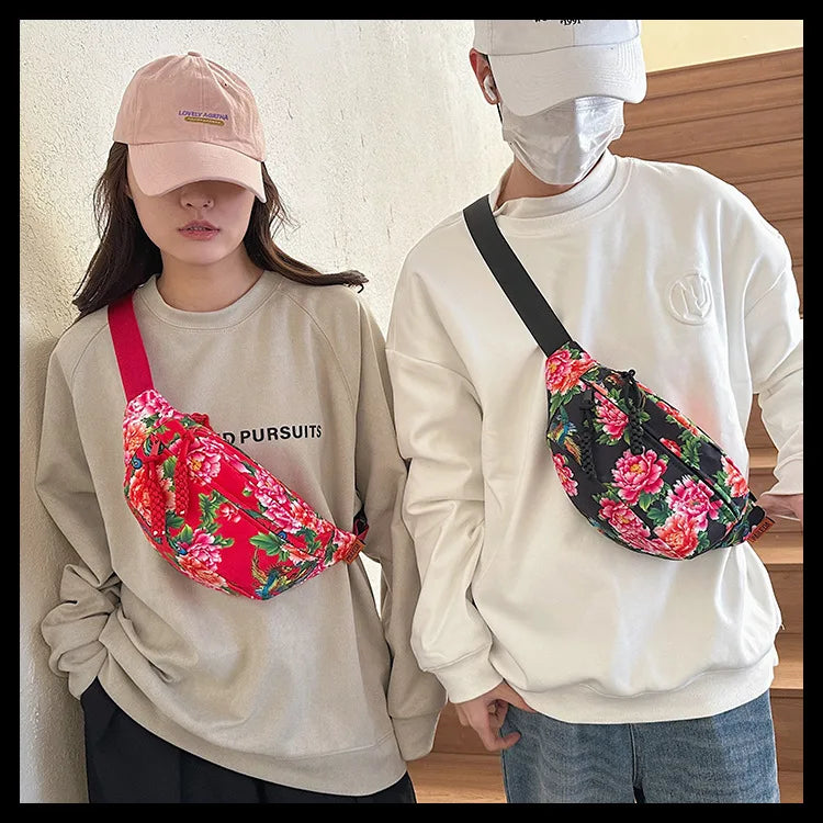 Women Fanny Bag Pack Large Flower Nylon Belt Bags Fashion Waist Pack Zipper Bag Adjustable Lightweight Multifunction Waterproof