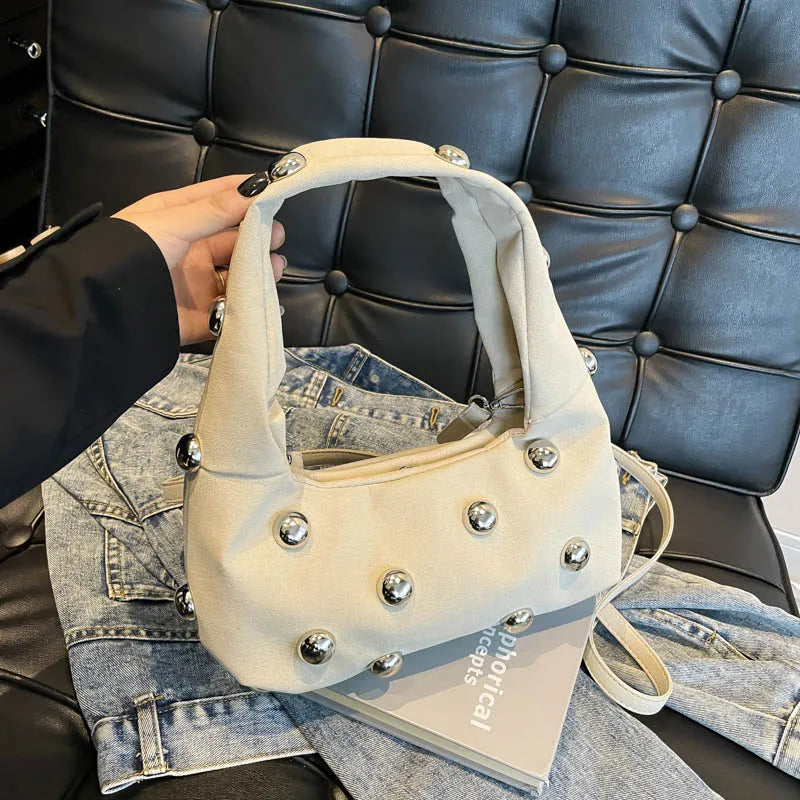 Luxury Purple Handbag For Women Luxury Studded Beading Handbags Wine Red Purse Solid Color Suede Leather Shoulder Crossbody Bags