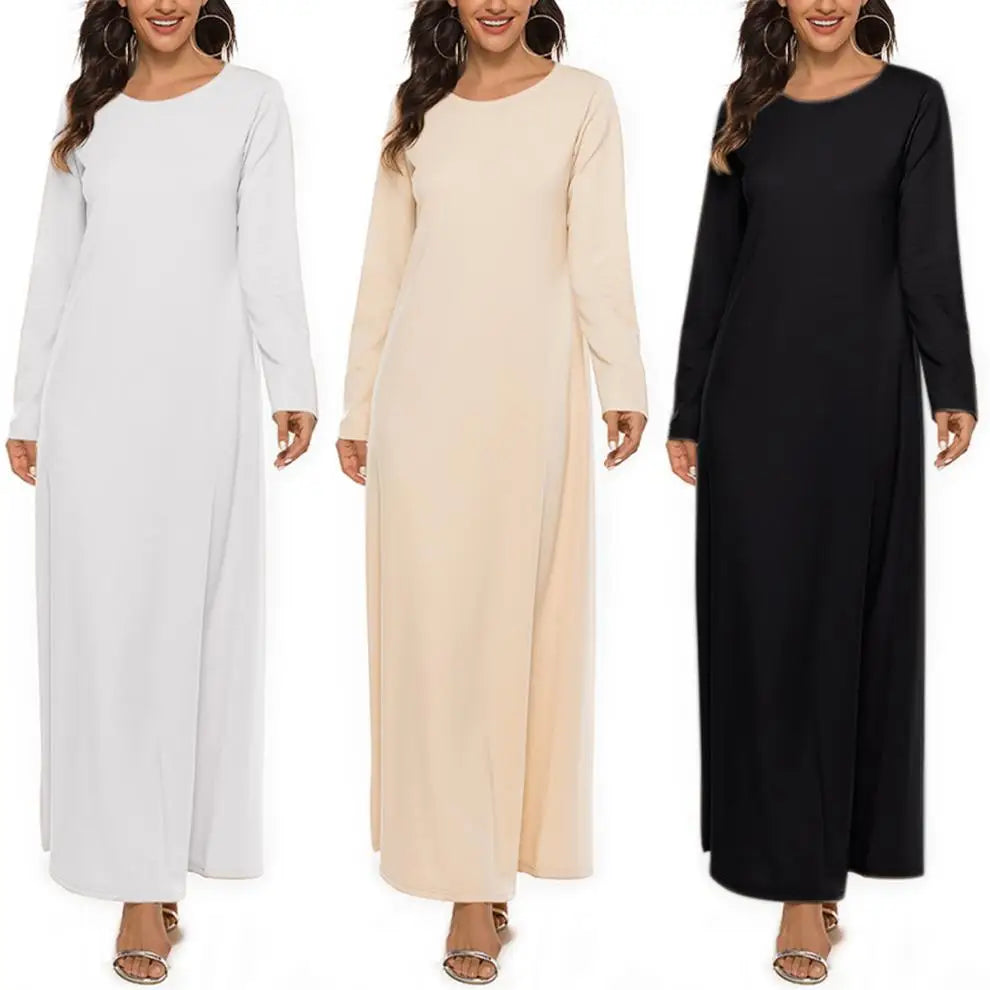 Women's Muslim Worshipwear Basic Long sleeved Laydown Round Neck Dress Middle Eastern Solid Color Robe