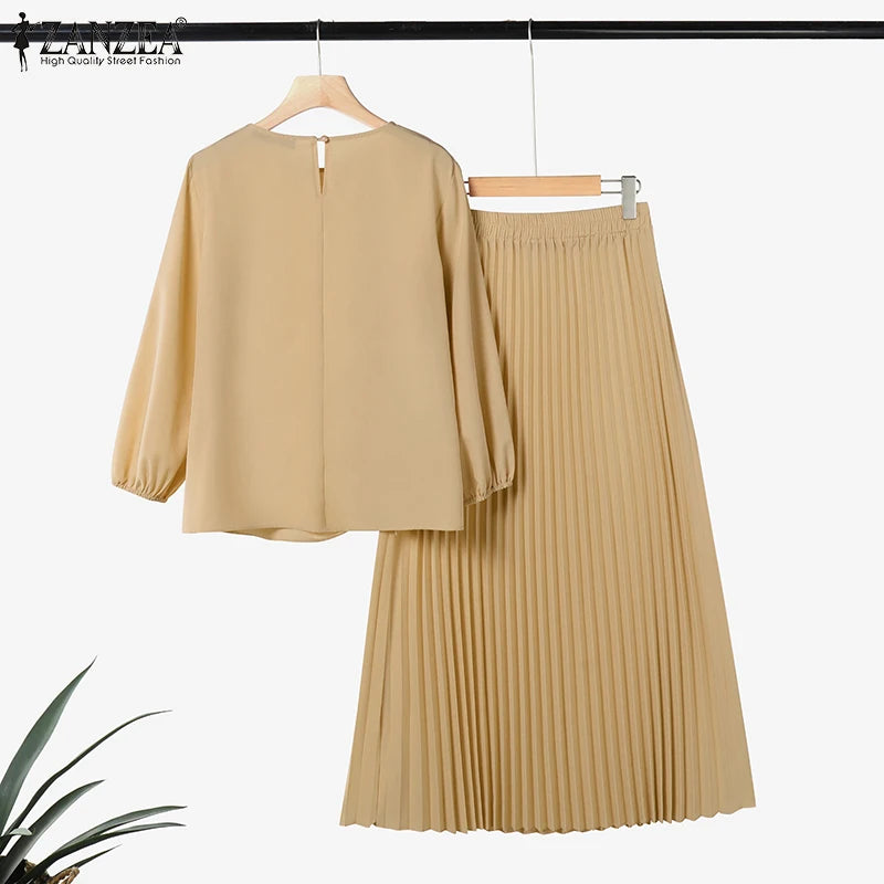 Fashion Muslim Sets Women 2PCS Outfits ZANZEA Elegant Long Sleeve Blouse Dress Suits Casual Solid Tracksuits Loose Matching Sets