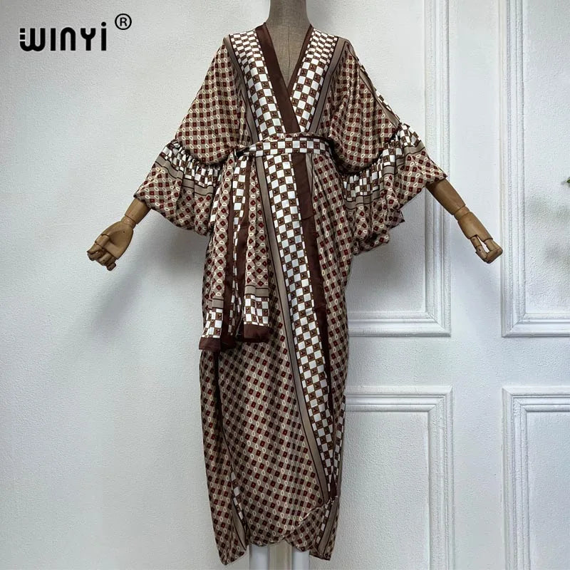 2023 dress KUWAIT WINYI new Muslim coat retro Print Self Belted Front Open Long Kimono kaftan Beach Tunic Women Wrap Dresses