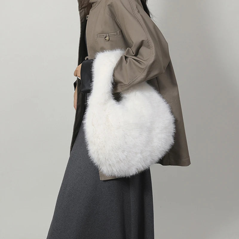 Small Hobo Handle Bags for Women Shoulder Bags Designer Furry Purse and Handbags Fashionable Cute Female Plush Bag