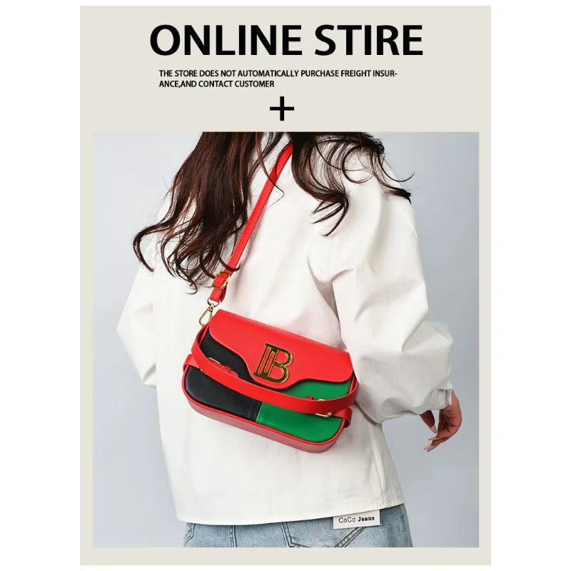 Luxury women's crossbody bag with color-blocking and stitching, box-style multi-color textured light luxury commuter bag.