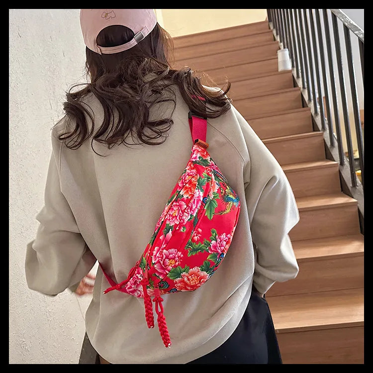 Women Fanny Bag Pack Large Flower Nylon Belt Bags Fashion Waist Pack Zipper Bag Adjustable Lightweight Multifunction Waterproof