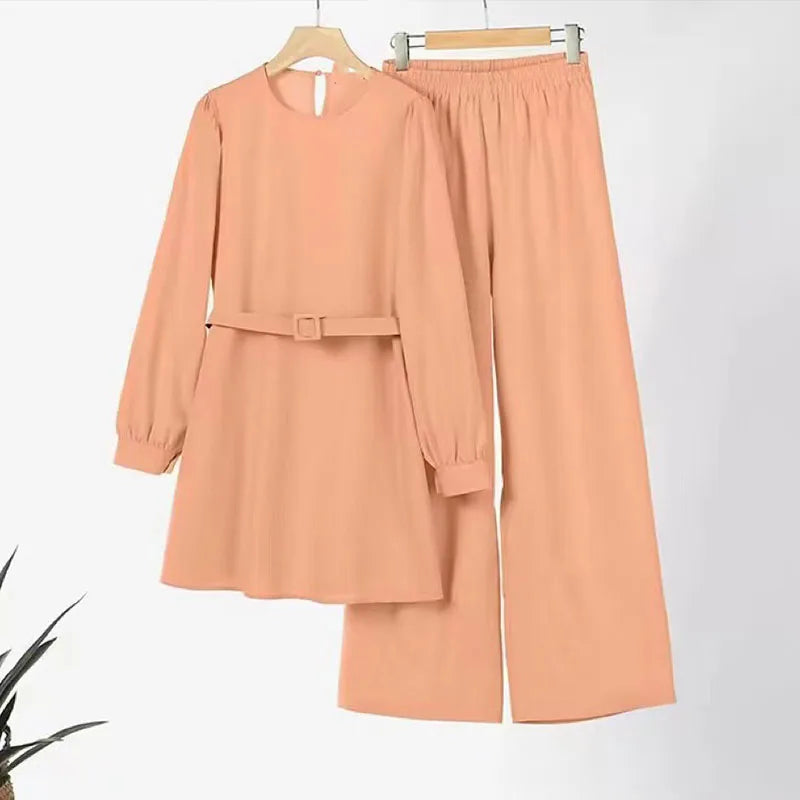 Muslim Women Matching Sets Long Sleeve Solid Color Tops with Belt And Loose Pant Suits Elegant Fashion Casual Tracksuit Kaftan