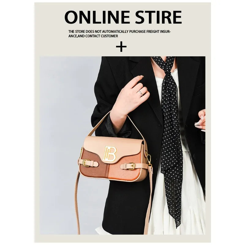 Luxury women's crossbody bag with color-blocking and stitching, box-style multi-color textured light luxury commuter bag.