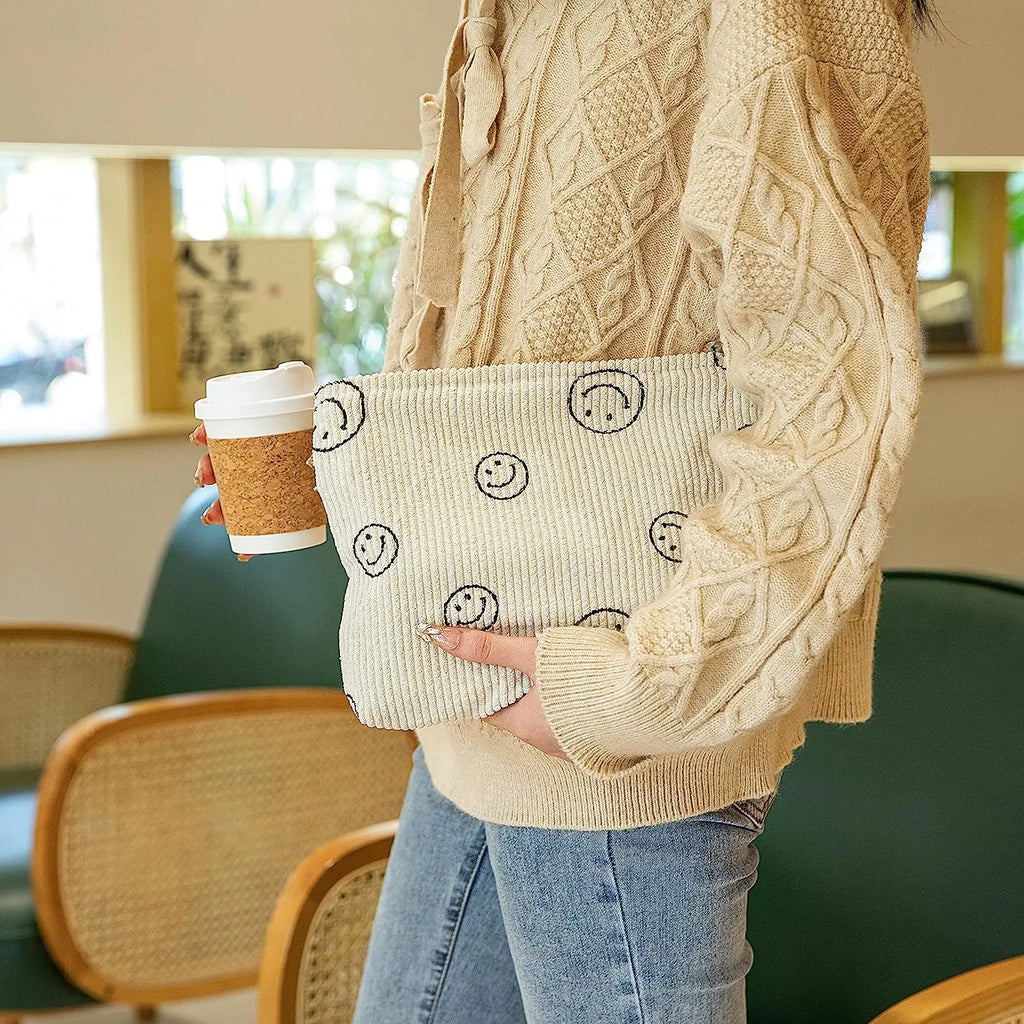Makeup Bag For Women - Corduroy Cosmetic Bags Aesthetic Design Ladies Tote Bag, Cute Smiley Face Makeup Organizer with Zipper
