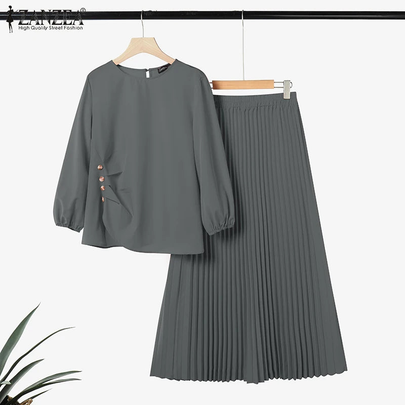 Fashion Muslim Sets Women 2PCS Outfits ZANZEA Elegant Long Sleeve Blouse Dress Suits Casual Solid Tracksuits Loose Matching Sets