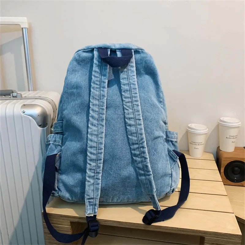 Blue Denim Backpacks For Women 100% Cotton Leisure Or Travel Bags Unisex Large Capacity Canvas Satchels Cloth Korea School Bags
