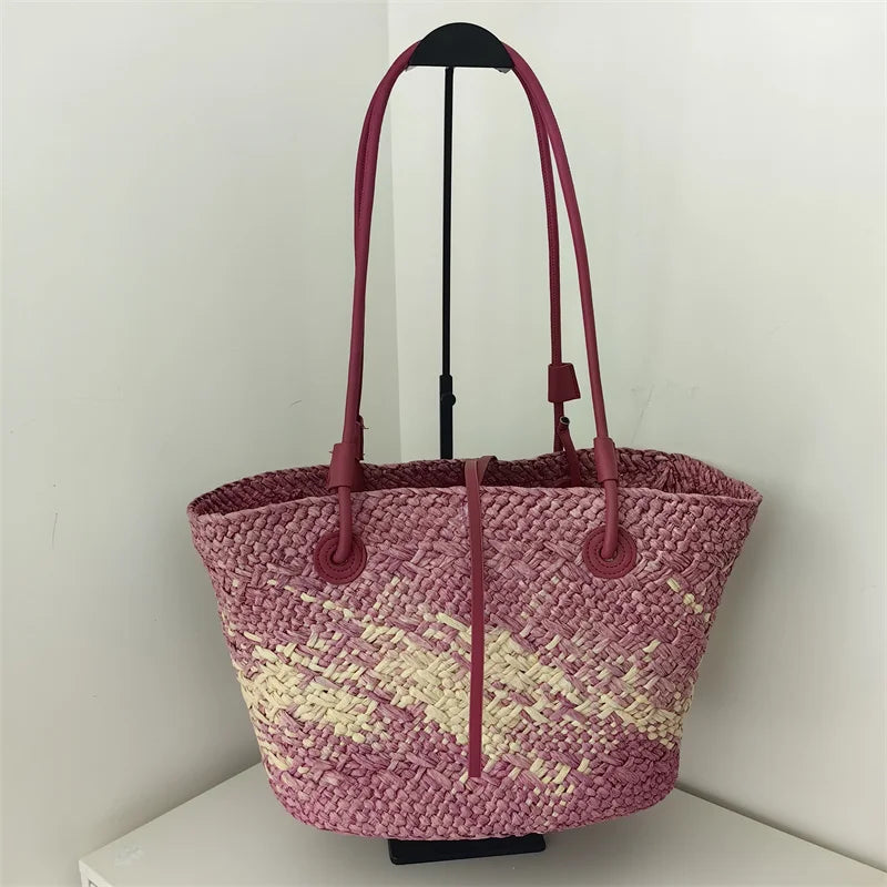 Summer Seaside Beach Bag Hand-woven Large Capacity Straw Tote Bag Gradient Color Design Women 's Travel  Vacation Shoulder Bag