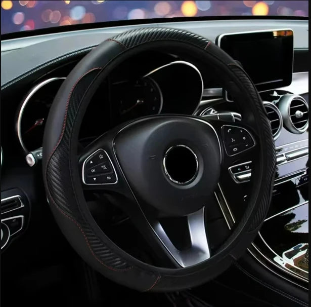 Car Steering Wheel Cover Breathable Anti Slip PU Leather Steering Covers Suitable 37-38.5cm Auto Decoration Carbon Fiber