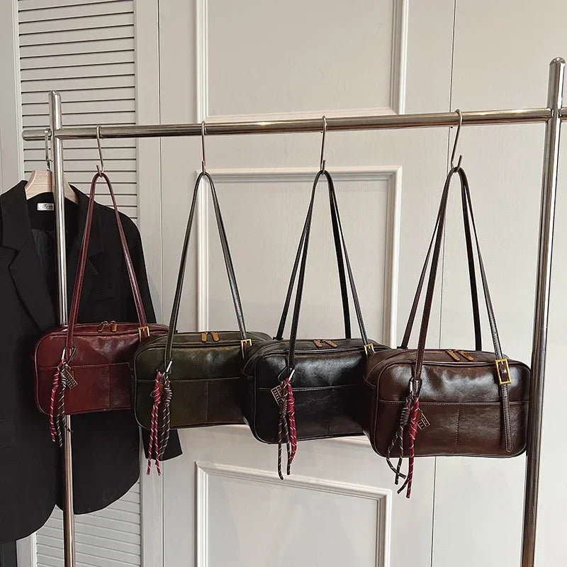 Luxury Black PU Leather Crossbody Bag for Women - Golden Buckle Strap & Red/Black Plaid Tassel, Y2K Underarm Bags Work Bag