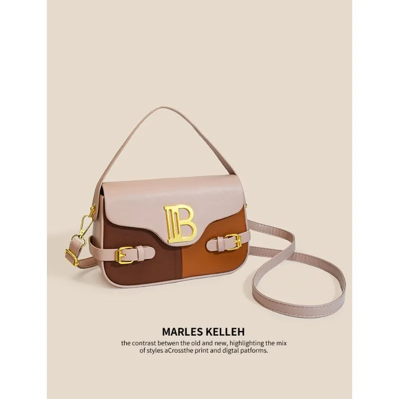 Luxury women's crossbody bag with color-blocking and stitching, box-style multi-color textured light luxury commuter bag.