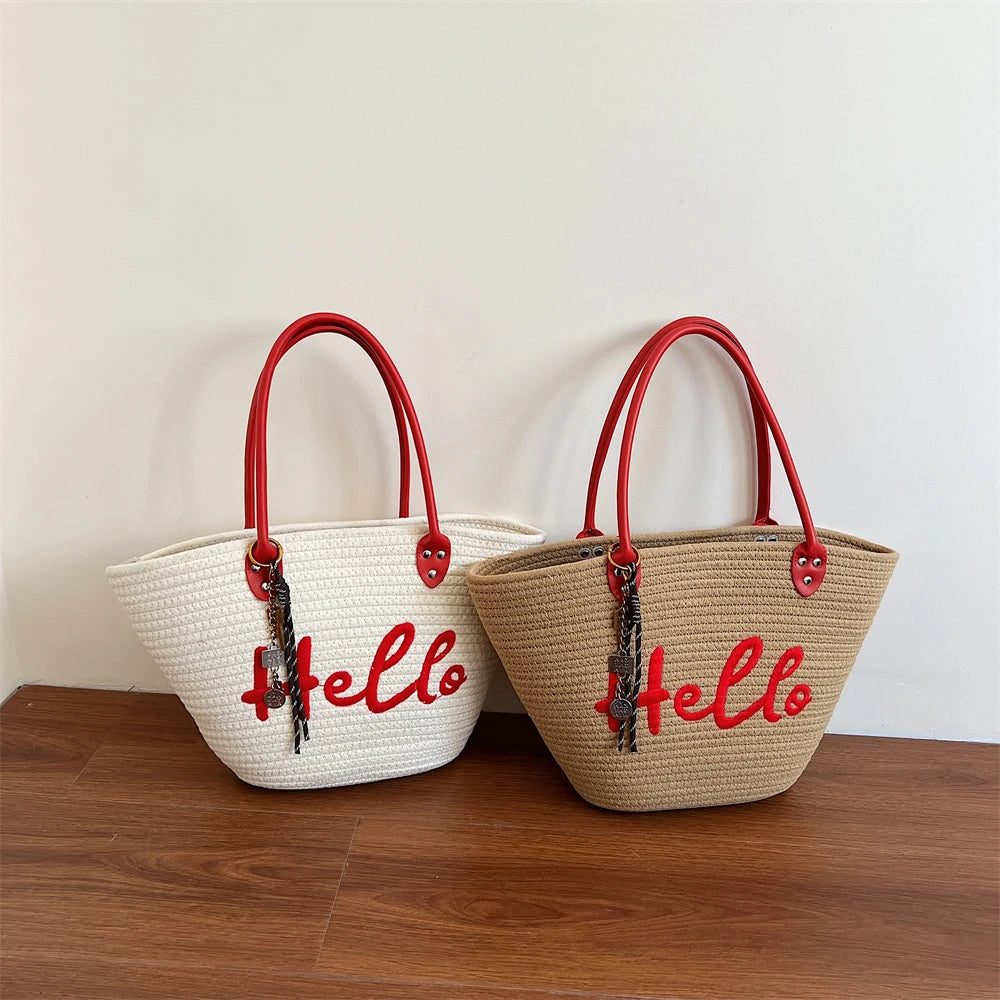 Simple Fashion Big Tote Bags For Women Cotton Fabric Woven Design Letter Embroidered  Luxury Large Capacity Shopper Shoulder Bag