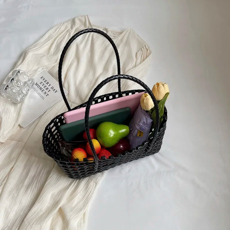 LEFTSIDE Small Solid Color Weave Tote Bags for Women 2025 Fashion Summer Shoulder Bags Simple Handbags Hollow Out Beach Bag