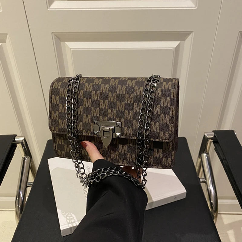 Luxury Letter Print Crossbody Shoulder Bag,Chain Buckle Compact Chic Women Sling Bag,Lady Vintage Casual Personalized Square Bag