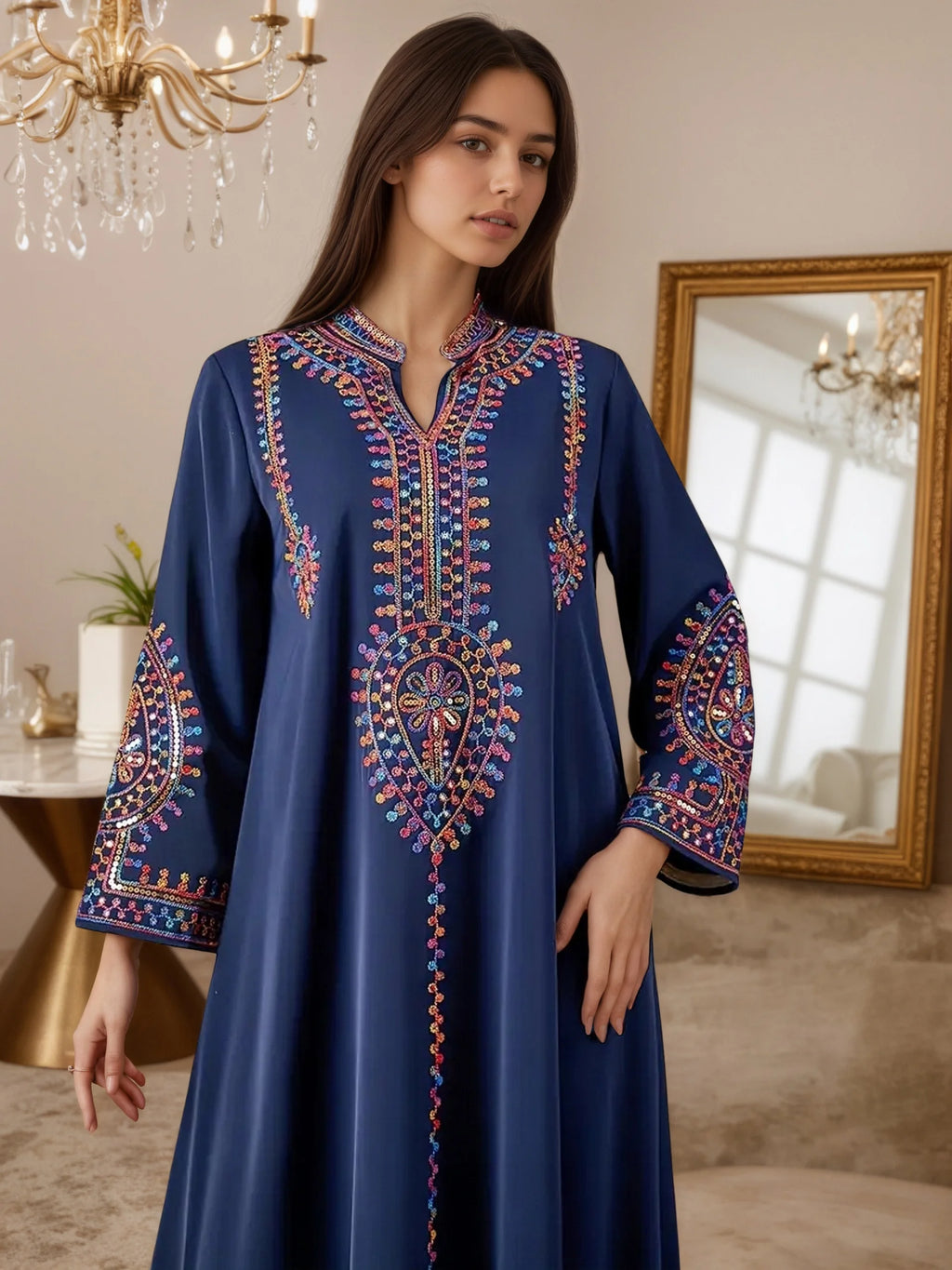 2025 Dubai Inspired Navy Blue Muslim Abaya Exquisite Colorful Embroidery Detailing Ideal for Middle Eastern High Society Galas