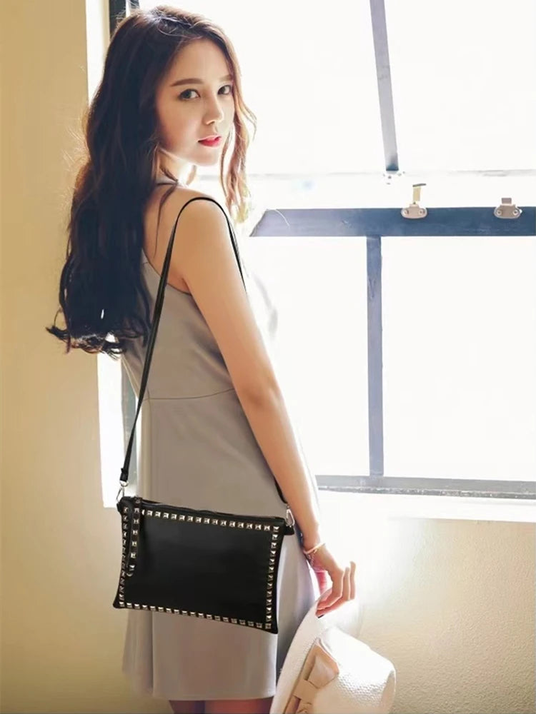 Leather Rivet Handbags for Women, Daily Clutches, Black Envelope, Evening Party Bag, High Quality, Female Shoulder Bags