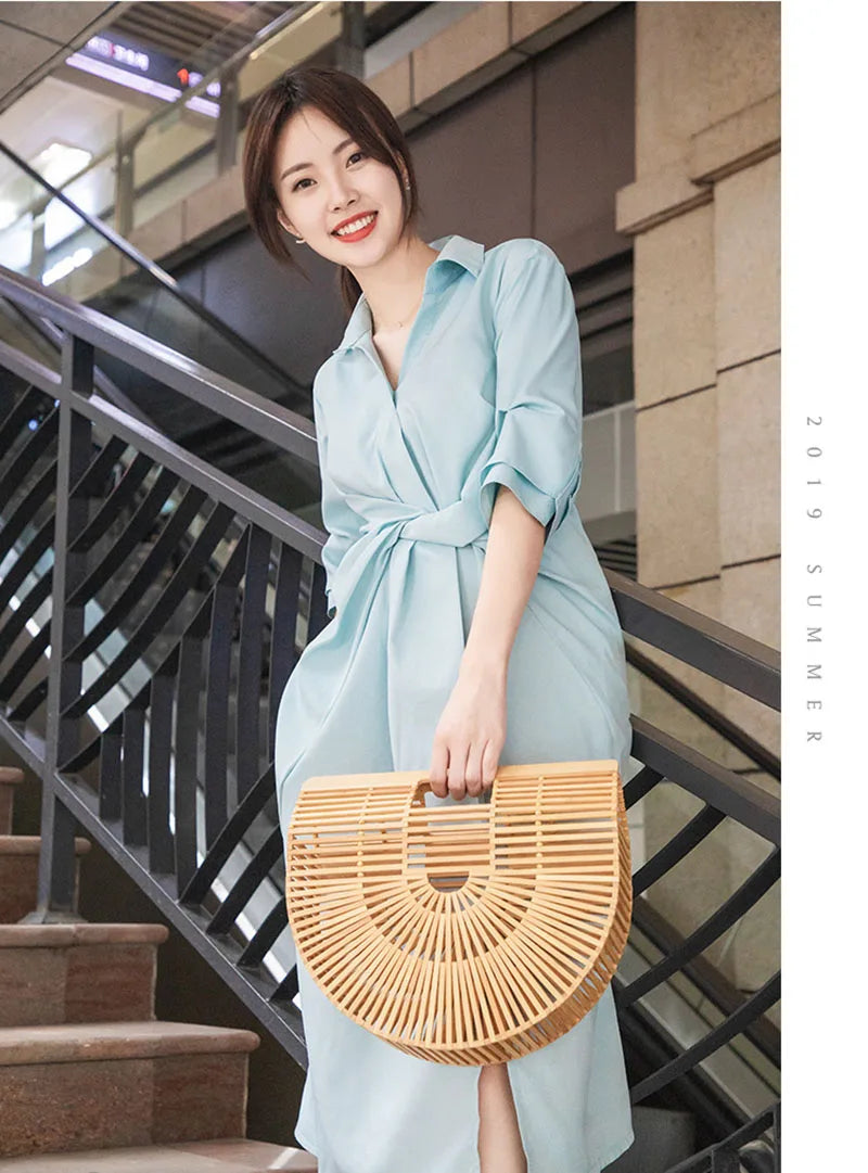 Fashion Straw Bag Bamboo Semi-circular Handbags High quality Hand woven Women Bags Bohemia Summer Ladies Beach Bag Bamboo Bags