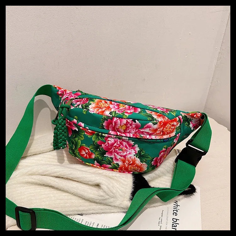 Women Fanny Bag Pack Large Flower Nylon Belt Bags Fashion Waist Pack Zipper Bag Adjustable Lightweight Multifunction Waterproof