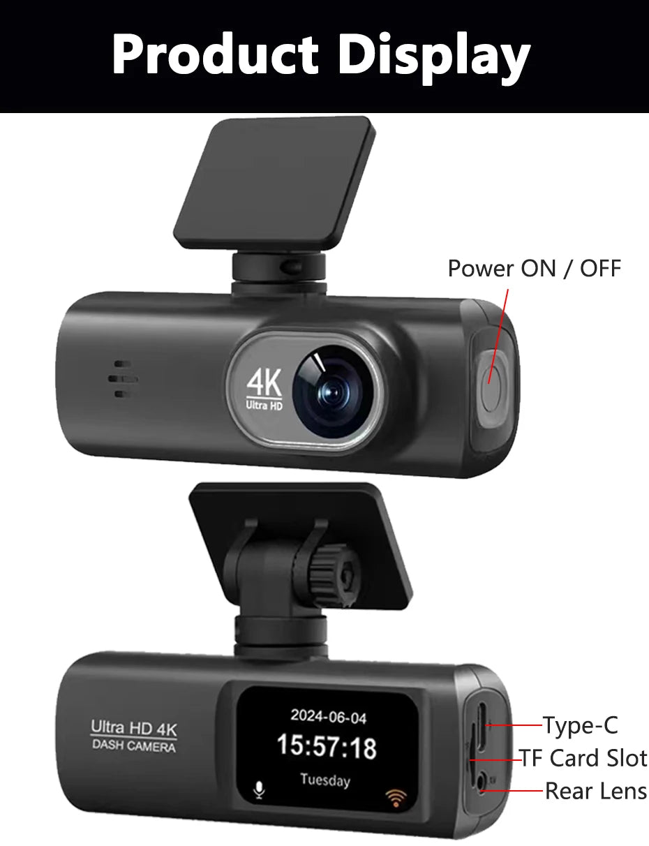 Dash Cam 4K UHD for Car Camera Front Rear Dual Lens With GPS WiFi 24h Parking Mode Night Vision Car DVR Video Registrator