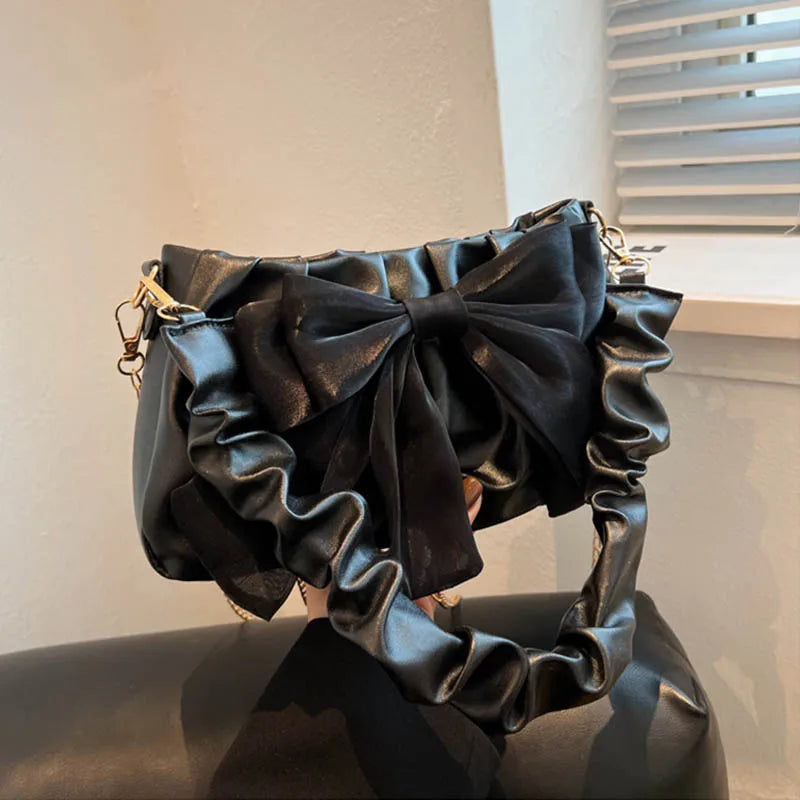 Fashion Casual Handbags For Women Cute Bow Black White Blue Kahki PU Handbags Trendy Daily Shoulder Underarm Bags bolsa feminina