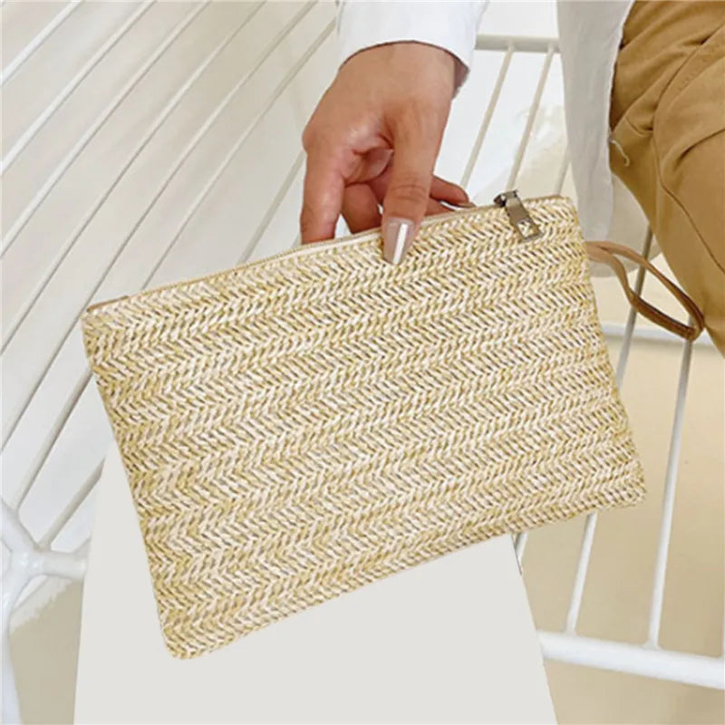 Women Clutch Bag Handmade Backpack Fashion Ladies Wristlet Girl Phone Solid Straw Woven Coin Purse Beach Wallet Fresh Sweet