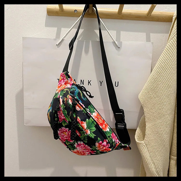 Women Fanny Bag Pack Large Flower Nylon Belt Bags Fashion Waist Pack Zipper Bag Adjustable Lightweight Multifunction Waterproof