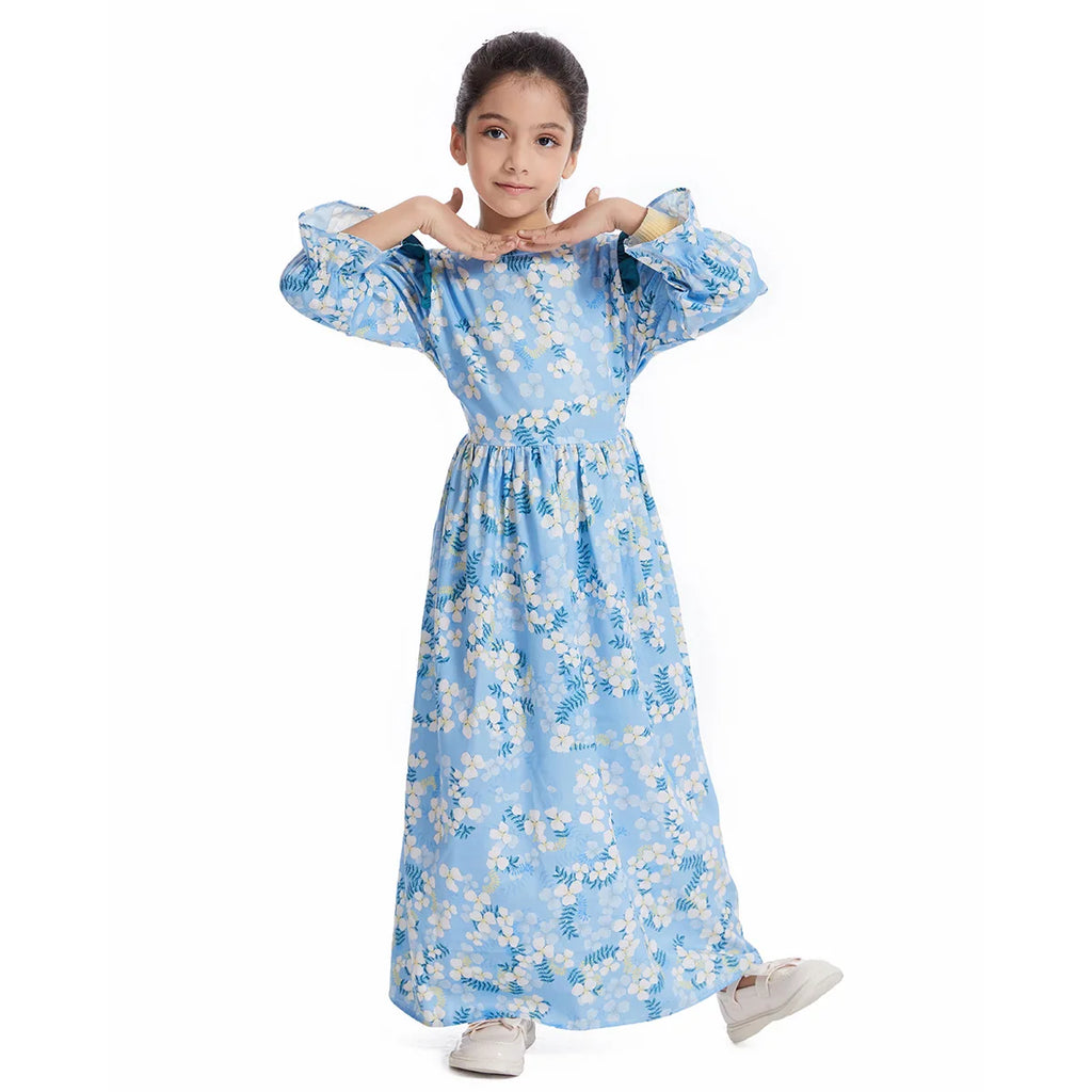 Abaya Girls Long Sleeve Dresses,Muslim Floral Dress for Kids,Conservative Outfits,Full Cover Robe Gown,Children's Beaching Dress